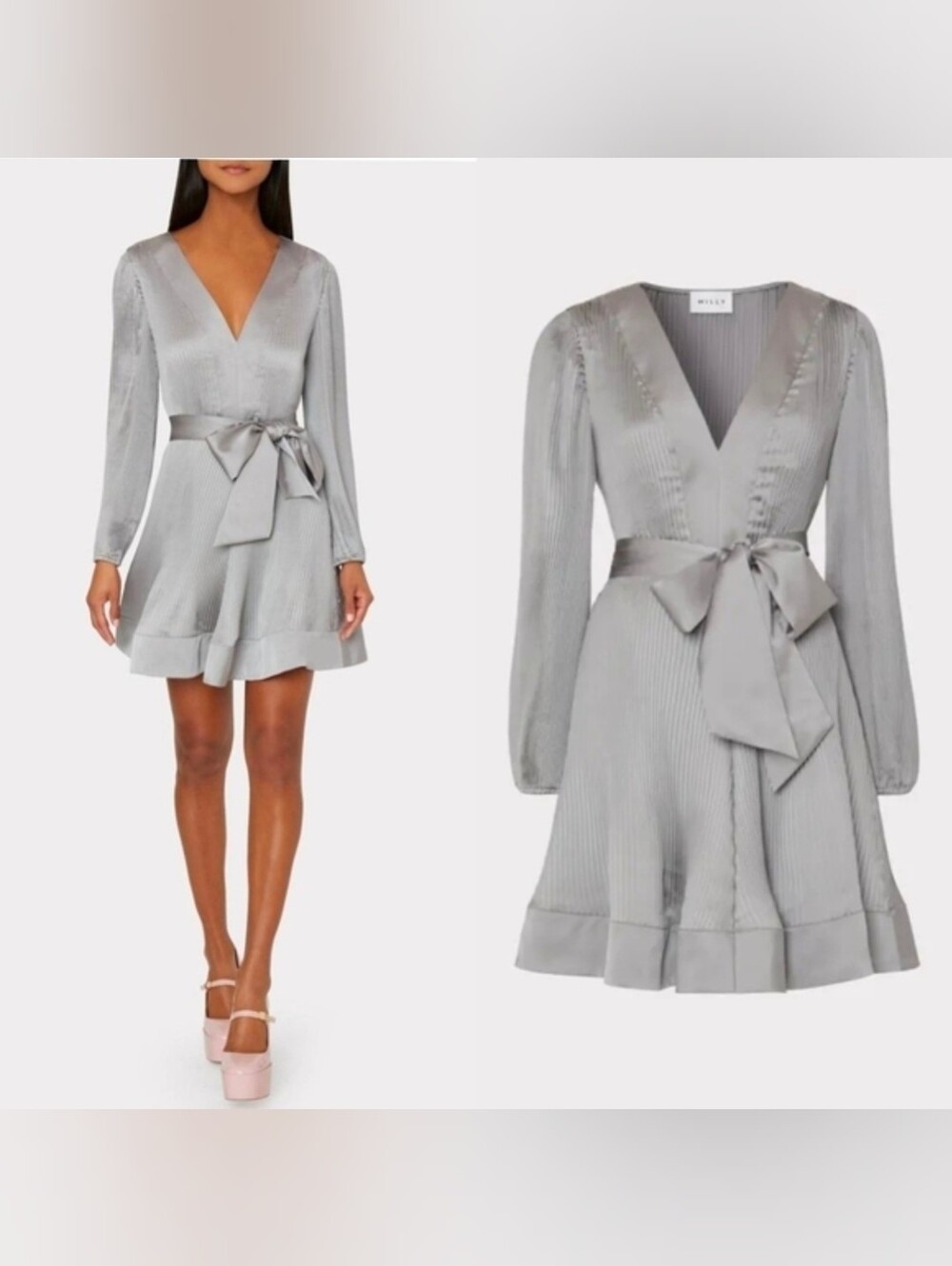 Milly Silver Liv Solid Pleat Mini Dress